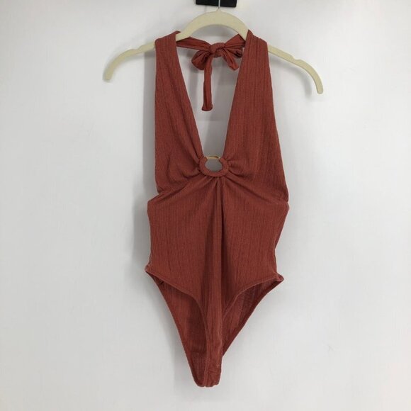 Pull & Bear Rust Orange Brown Halter Ring Bodysuit size S - Picture 4 of 15